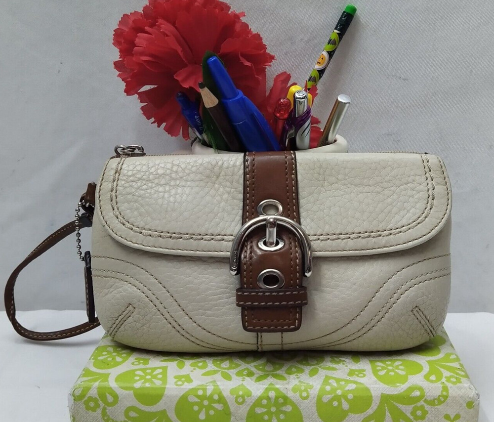 Coach Ivory Pebbled Leather Buckle Flap Closure Wristlet - Coin Wallet